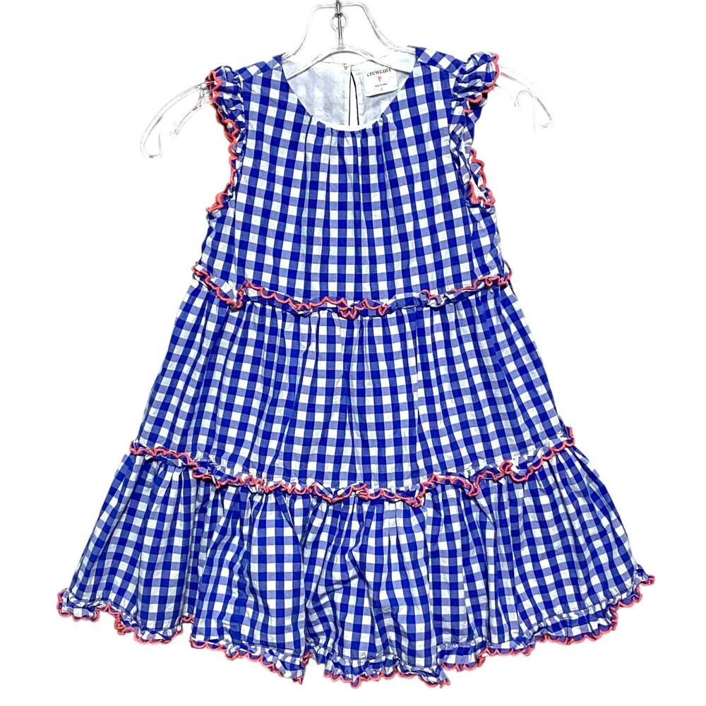 Crew Cuts Blue Gingham Dress Girls 6 Spring Preppy Ruffle Tiered Neon Trim Twirl